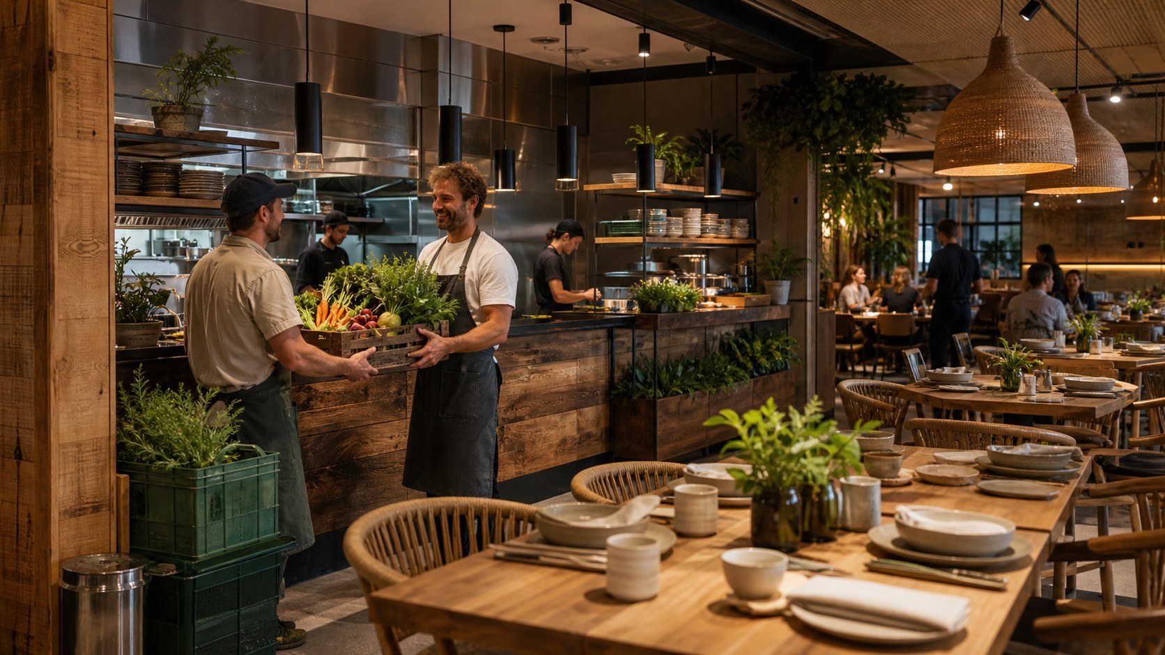 Sustainable restaurant dining room and open kitchen with local produce and reusable serviceware