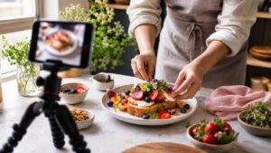 Food styling workspace with smartphone tripod, colorful dish, props, and natural light