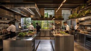 Future-ready restaurant kitchen with modular stations and energy-efficient appliances