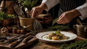 Chef hands arranging heirloom kitchen tools, fresh ingredients, and an elegant plate