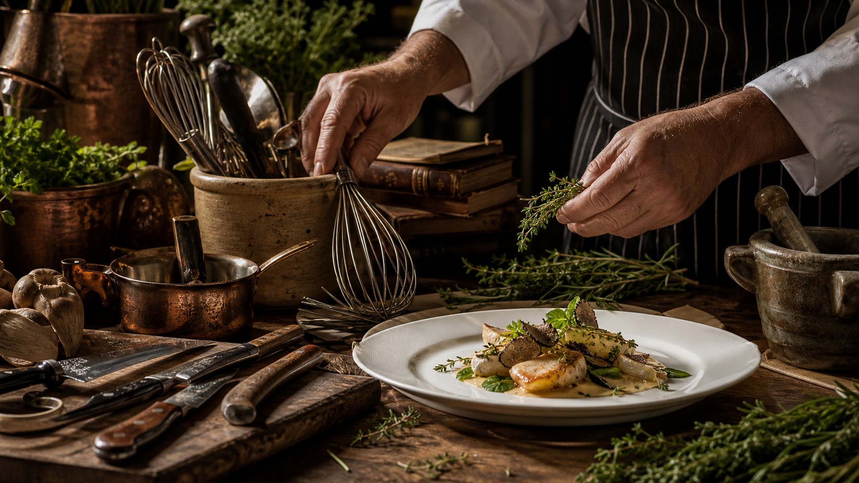 Chef hands arranging heirloom kitchen tools, fresh ingredients, and an elegant plate
