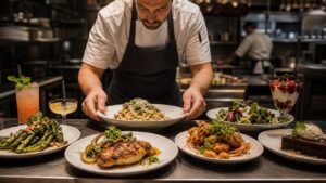Restaurant pass with multiple appealing dishes being compared by a chef