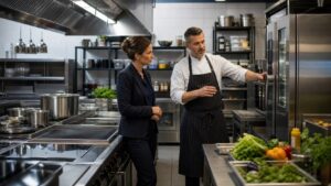 Restaurant owner and chef evaluating durable commercial kitchen equipment