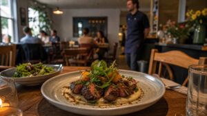 Beautiful plated dish in an understated neighborhood restaurant dining room