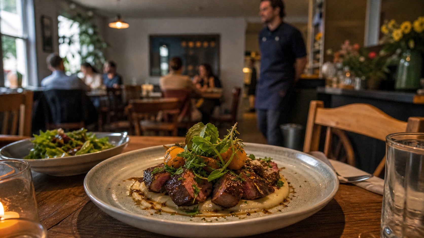 Beautiful plated dish in an understated neighborhood restaurant dining room