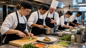 Culinary students practicing knife cuts, sauce work, and plating at separate stations